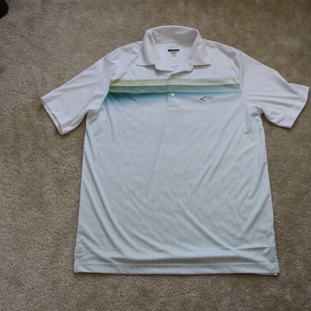 Greg Norman Collection White Polo with Green and Blue Gradient Stripe